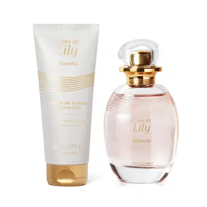 Imagem do Combo L’eau de Lily Blanche:  um vidro ovalado transparente com líquido bege e borrifador dourado de desodorante colônia e uma bisnaga branca com tampa e rótulo dourados de creme de banho acetinado corporal.