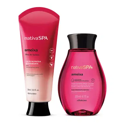 Imagem de dois produtos da marca Nativa SPA Ameixa: um frasco transparente com líquido rosa e tampa preta de óleo corporal e uma bisnaga rosa com  também também preta de loção desodorante corporal.