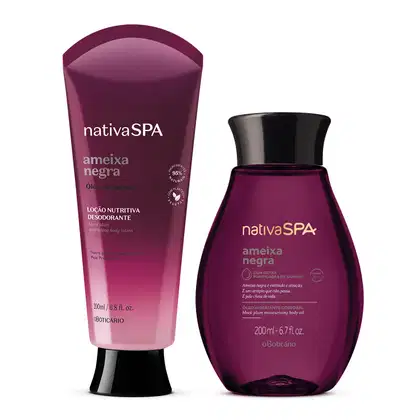 Imagem de dois frascos de produtos da marca Nativa SPA Ameixa Negra: um frasco de loção corporal em roxo e branco com tampa preta e um frasco de óleo hidratante corporal transparente com líquido roxo e tampa preta.