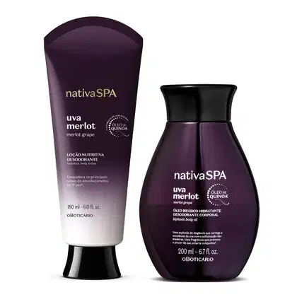 Imagem de dois produtos da marca Nativa SPA Uva Merlot: uma bisnaga em degradê de roxo escuro para branco e tampa preta de loção hidratante corporal e um frasco transparente com líquido roxo escuro e tampa preta de óleo corporal bifásico.