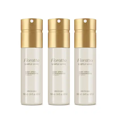 Três frascos cilíndricos de spray corporal desodorante da marca Floratta Simple Love, com tampa borrifadora dourada e embalagem branca contendo texto legível com o nome da marca e informações sobre o produto.