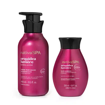 Dois itens de corpo e banho da marca Nativa SPA Orquídea Lumière, sendo um creme desodorante perfumado nas cores rosa e dourado com tampa preta e um frasco de óleo hidratante desodorante corporal de cor rosa com tampa preta.