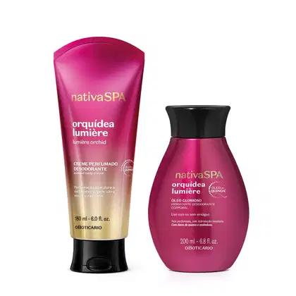 Dois itens de corpo e banho da marca Nativa SPA Orquídea Lumière, sendo um creme desodorante perfumado nas cores rosa e dourado com tampa preta e um frasco de óleo hidratante desodorante corporal de cor rosa com tampa preta.
