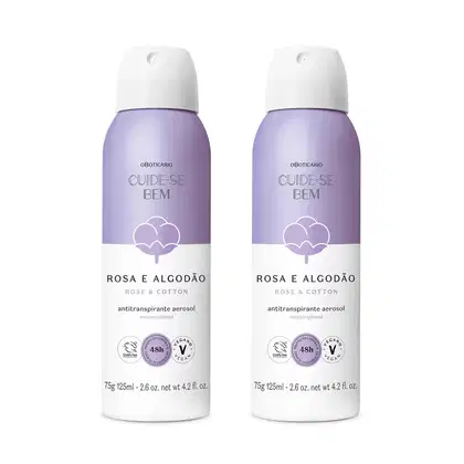 Dois frascos de aerossol antitranspirante da linha Cuide-se Bem, com embalagem lilás e branca, exibindo o nome do produto "Rosa e Algodão" e informações sobre suas características.
