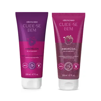 Dois itens de Corpo e banho da marca Cuide-se bem Amoruda, ambos nas cores pink e roxa com tampa branca, sendo uma bisnaga de hidratante desodorante e um sabonete esfoliante corporal.