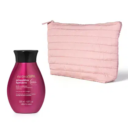 Frasco de óleo corporal hidratante Nativa SPA Orquídea Lumière de 200 ml em embalagem rosa com textura acolchoada e zíper.