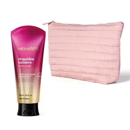 Bisnaga em degradê de pink com dourado e tampa preta de creme perfumado da marca Nativa SPA Orquídea Lumière e nécessaire acolchoado com zíper na cor rosa claro.