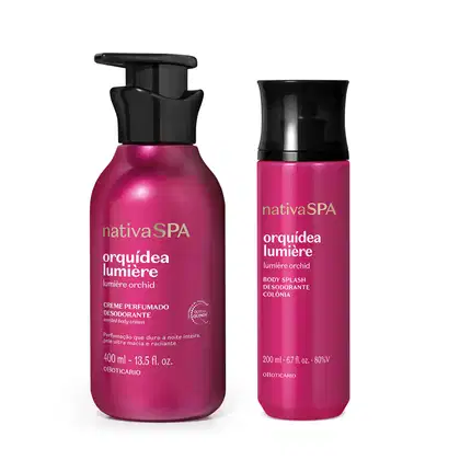 Imagem de dois produtos Nativa SPA Orquídea Lumière, sendo um creme perfumado desodorante de 400ml e um body splash de 200ml. As duas embalagens são rosa-claro com tampa preta e letras amarelo-claro.