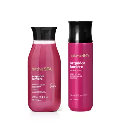 Imagem do Combo Nativa SPA Orquídea Lumière com um frasco cilíndrico rosa-escuro de body splash de 200ml e um sabonete líquido de 250ml em embalagem transparente com líquido rosa-claro. As duas tampas são pretas.