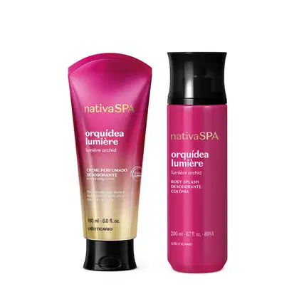 Imagem do Combo Nativa SPA Orquídea Lumière que traz um body splash rosa-escuro de 200ml e uma bisnaga com degradê de rosa-escuro e prata de creme perfumado desodorante de 180ml. As tampas dos produtos são pretas.