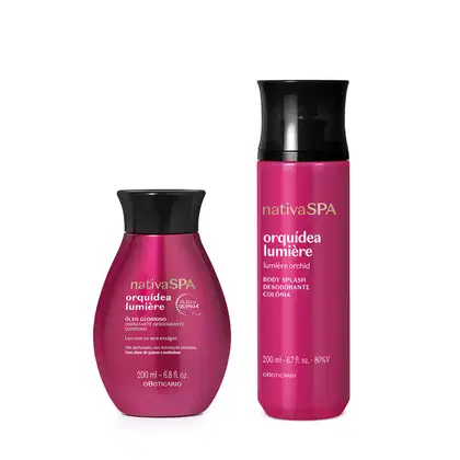 Dois frascos de produtos Nativa SPA na cor rosa vibrante, com rótulos indicando "Orquídea Lumière" - um óleo corporal hidratante desodorante e um splash corporal desodorante colônia, ambos com 200 ml.