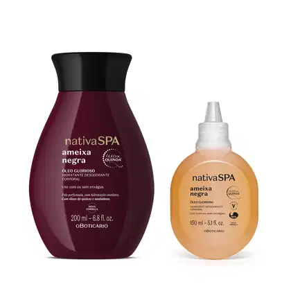 Dois frascos de produtos Nativa SPA: um frasco de óleo glorioso hidratante desodorante corporal Ameixa Negra, com embalagem roxa e preta; e um frasco de óleo glorioso hidratante desodorante corporal, com embalagem laranja.