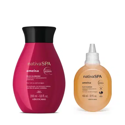 Imagem de um frasco de óleo glorioso corporal da marca Nativa SPA Ameixa em embalagem vermelha com tampa preta e rótulo em branco e dourado, acompanhado de um frasco amarelo com tampa branca trazendo o refil do mesmo óleo corporal.
