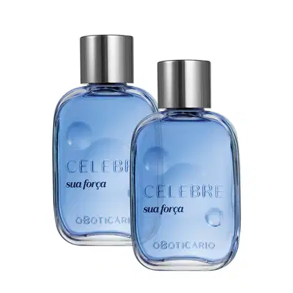 
Imagem de dois vidros transparentes contendo desodorante colônia masculino da marca Celebre Sua Força. As embalagens trazem 100ml da fragrância, possuem líquido azul, tampa prateada e rótulo em letras pretas.