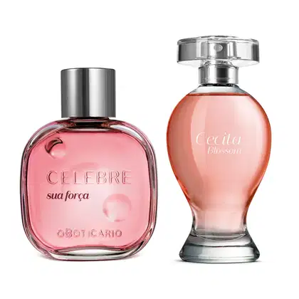 Imagem de dois vidros transparentes com líquido rosa e tampa prateada de desodorante colônia feminino, sendo um da marca Celebre Sua Força e o outro da marca Cecita Blossom, cada um com 100ml.