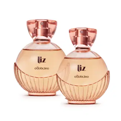 Imagem de dois frascos de desodorante colônia da marca Liz, com embalagem em formato arredondado, líquido rosa, borrifador dourado e tampa transparente.