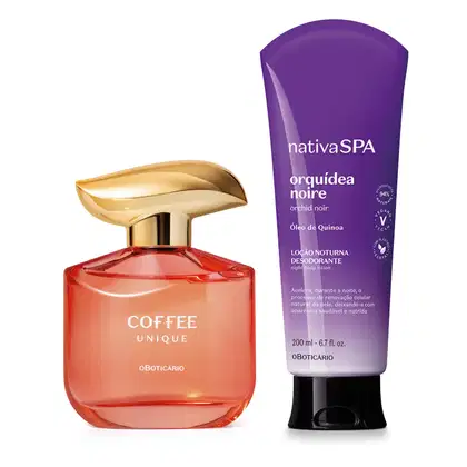 Imagem de um vidro transparente, líquido rosa e tampa dourada contendo desodorante colônia da marca Coffee Woman Unique e um frasco em degradê de azul e branco com tampa preta de loção corporal da marca Nativa SPA Orquídea Noire.