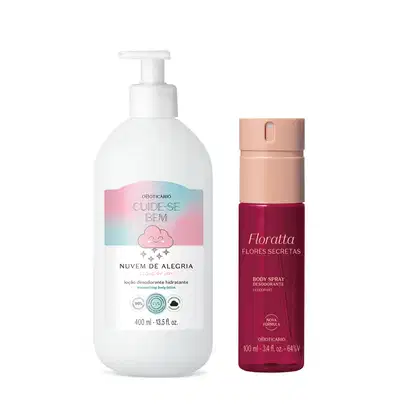 Imagem de um frasco branco com bomba dosadora e rótulo em tons de azul, rosa e lilás, com estampa de nuvem da marca Cuide-se Bem Nuvem de Alegria e um frasco vermelho da marca Floratta Red com tampa rosa e rótulo com letras douradas.