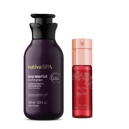 Imagem de um frasco roxo com bomba dosadora contendo loção nutritiva corporal da marca Nativa SPA Uva Merlot e um frasco de body spray da marca Floratta Red em embalagem vermelha, tampa rosa e rótulo com detalhes e letras douradas.