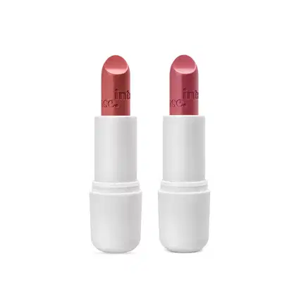 Imagem de dois batons cremosos da marca Intense, sendo um marrom nude e o outro na cor rosa. Ambos em embalagem branca. 