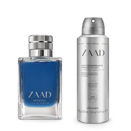 Dois itens de perfumaria, sendo: um frasco de vidro transparente com liquido azul e tampa prateada de Eau de Parfum Zaad Mondo e um aerossol prateado da marca Zaad original.