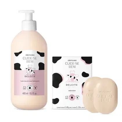 Imagem de dois produtos Cuide-se Bem Deleite, sendo um frasco branco com bomba dosadora e rótulo com ilustração de vaca contendo loção hidratante corporal, caixa branca com estampa de vaca e dois sabonetes rosa em formato oval com logotipo da marca.