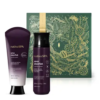 Imagem do Combo Nativa Spa Uva Merlot com uma bisnaga preta e branca com tampa preta de loção corporal, um frasco preto com letras douradas de body splash e uma caixa presenteável verde com fita e estampa douradas.