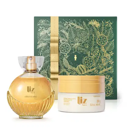 Imagem do Combo Liz com um vidro arredondado com detalhes ondulados, líquido bege e borrifador dourado do desodorante colônia e um pote branco com tampa dourada do creme hidratante corporal da lInha Aura e um caixa presenteável verde com estampa douradas.
