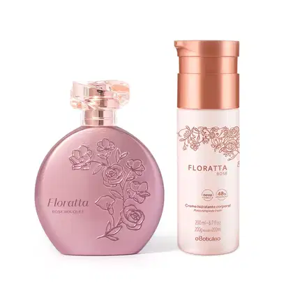Imagem do clássico e elegante vidro rosa com flores em relevo do desodorante colônia Floratta Rose Bouquet e d0 frasco branco com tampa e rótulo dourados do creme hidratante corporal Floratta Rose.