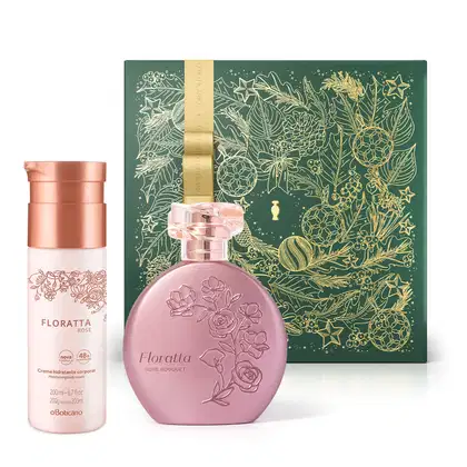 Imagem do Combo Floratta Rose que traz o clássico vidro rosa com flores em relevo do desodorante colônia da linha Bouquet, frasco branco com tampa e rótulo dourados do creme hidratante corporal e uma caixa presenteável verde com fita e estampa douradas.
