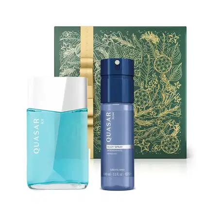 Imagem do Combo Quasar com um vidro azul-claro, tampa e rótulo brancos do desodorante colônia da linha Ice, um frasco azul com tampa preta do body splash da linha Rush e uma caixa presenteável verde com fita e estampa douradas.