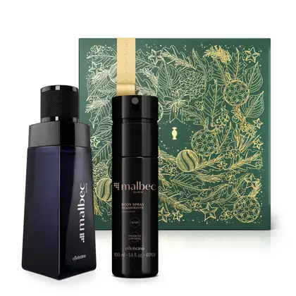 Imagem do Combo Malbec que traz um moderno vidro preto com letra prata do desodorante colônia da linha Noir, um frasco preto com letras douradas de body splash da linha Black e uma caixa presenteável verde com fita e estampa douradas.