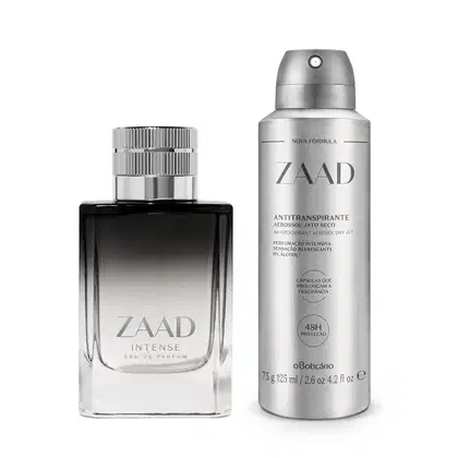 Imagem de dois produtos da linha Zaad, sendo um moderno e elegante vidro transparente e preto com tampa e rótulo prateados do Eau de Parfum da linha Intense e um frasco prateado com rótulo de letras pretas do desodorante antitranspirante aerossol.