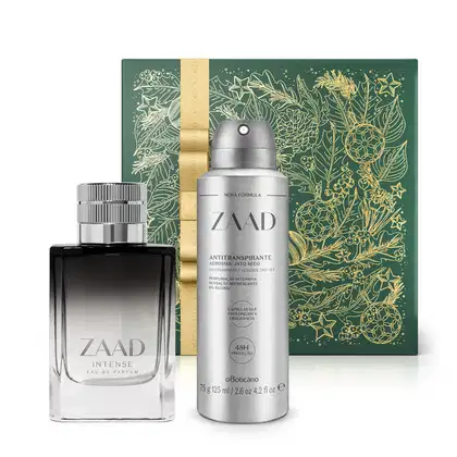 Imagem do Combo Zaad com um moderno vidro de Eau De Parfum da linha Intense em preto, cinza e prata, frasco prateado de desodorante antitranspirante aerossol e uma caixa presenteável verde com fita e estampa douradas.