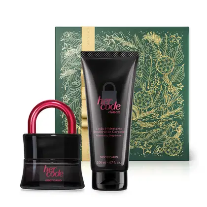 Imagem do Combo Her Code Clímax com o icônico vidro preto em formato de cadeado do Eau de Parfum, bisnaga preta com letras rosa metálico da loção corporal da mesma linha e uma caixa presenteável verde com fita e estampa douradas.