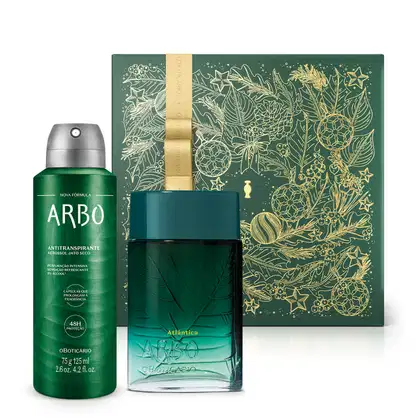 Imagem do Combo Arbo que traz um desodorante colônia da linha Atlântica em vidro branco e verde com rótulo em relevo, desodorante antitranspirante aerossol em frasco verde e prateado e uma caixa verde decorada com folhas e flores douradas.