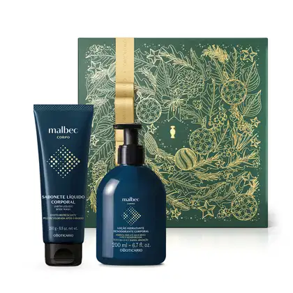 Imagem de kit com produtos de corpo e banho da marca Malbec, composto por frasco de loção hidratante corporal e bisnaga de sabonete líquido, ambas em embalagens azul-marinho com letras douradas e caixa de presente decorativa com estampa floral dourada.