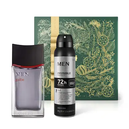 Imagem de uma caixa verde com ilustrações florais douradas, frasco prateado com tampa e detalhes pretos de desodorante aerossol Men Invisible Protect, e frasco de desodorante colônia Men Galbe em embalagem transparente, conteúdo roxo e tampa marrom.