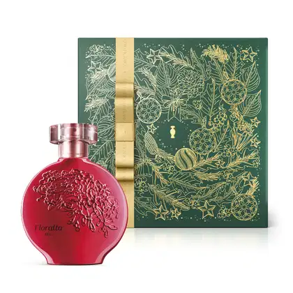 Imagem do clássico frasco de desodorante colônia da marca Floratta Red na cor vermelha, com textura e design elaborados, acompanhado de caixa verde com ilustrações douradas de folhas e flores.