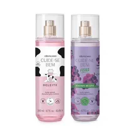 Imagem de dois frascos de body splash da marca Cuide-se Bem, um com rótulo rosa com ilustração de vaca dsa linha Deleite e outro com rótulo roxo com ilustração de cachos de uva da linha Cachos de Uva, ambos com pulverizador dourado.