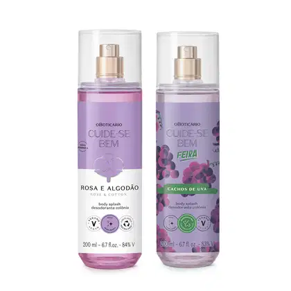 Imagem de dois frascos de body splash Cuide-se bem, sendo um deles com rótulo em tons de lilás e branco da linha Rosa e Algodão e outro com rótulo roxo e desenhos de uva da linha Cachos de Uva. As embalagens são transparentes com borrifador prateado. 