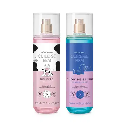 Imagem de dois produtos Cuide-se Bem, sendo um body splash Deleite, em embalagem com rótulo contendo estampa de vaca e tons de branco, preto e rosa. O outro é um gel de banho em embalagem azul e lilás.