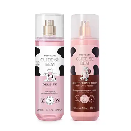Imagem do Combo Body Splash Cuide-se Bem com um item da linha Deleite e outro da linha Chocolatudo. As duas embalagens são transparentes com borrifador prateado e rótulo com desenho de vaca em tons de rosa e marrom.
