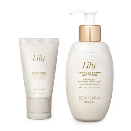 Imagem do Combo Lily Acetinados, contendo um frasco de creme de banho com bomba dosadora e uma bisnaga de creme para mãos. As embalagens são nas cores branca e dourada.