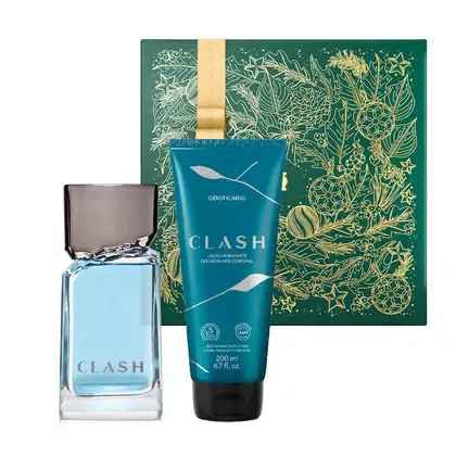 Imagem de um kit com produtos da marca Clash, contendo um frasco de vidro azul com tampa cinza de desodorante colônia, bisnaga azul com tampa preta de creme hidratante e caixa decorada com ilustrações florais douradas em fundo azul.
