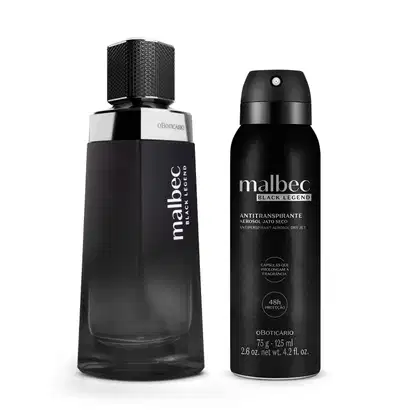 Imagem do Combo Malbec Black Legend que traz um elegante vidro de desodorante colônia e um desodorante antitranspirante em spray. As embalagens são totalmente pretas com detalhes e letras prateadas. Kit ideal para homens sofisticados.