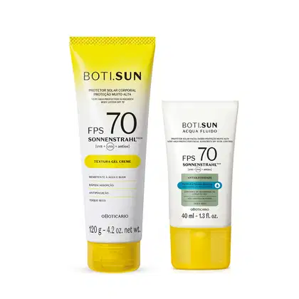 Imagem de dois produtos da linha Boti.Sun, sendo um protetor solar corporal FPS 70 e um protetor facial antioleosidade FPS 70. Ambas embalagens são brancas com detalhes e tampas laranjas. Os rótulos estão estampados em letras pretas.