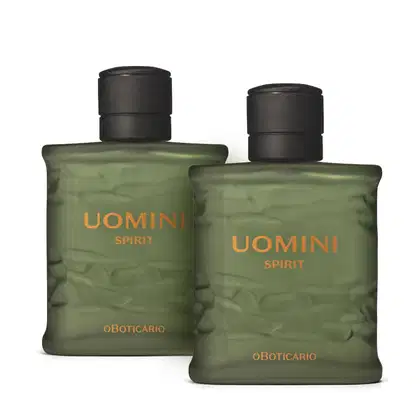 Imagem de dois itens de perfumaria da marca Uomini Spirit em embalagem cinza com texturas e tampa preta.  Cada vidro contém 100ml da fragrância.