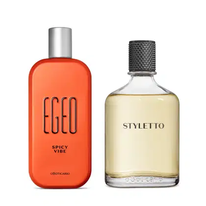 Imagem de dois itens de perfumaria O Boticário: um frasco laranja com tampa prateada da marca Egeo Spicy Vibe e outro frasco transparente com tampa preta da marca Styletto. Ambos possuem tampas metálicas.