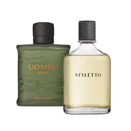 Imagem de dois itens de perfumaria masculina O Boticário: um vidro verde com rótulo dourado Uomini Spirit e outro vidro transparente com rótulo preto do Styletto, ambos com tampas pretas e texturas diferentes.
